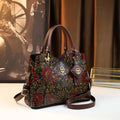 Brown floral vegan leather tote bag - back view showing structured silhouette