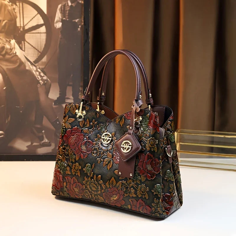 Brown floral vegan leather tote bag - detachable adjustable crossbody strap