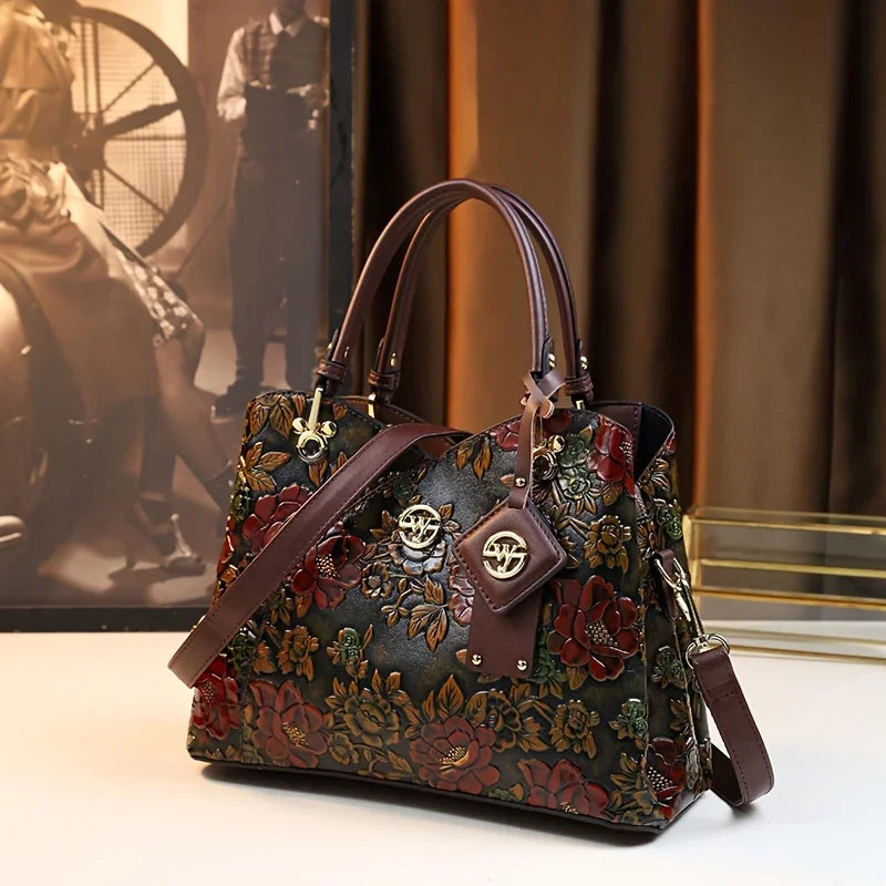 Brown embossed floral vegan leather tote bag - front view showing structured silhouette