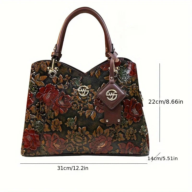 Brown floral vegan leather tote bag - interior view showing spacious main compartment