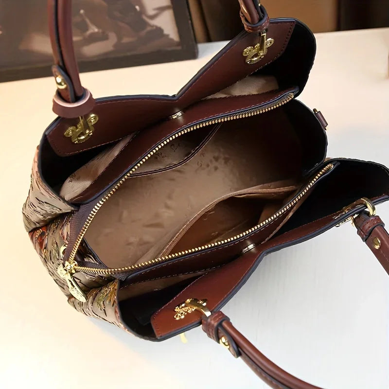 Brown floral vegan leather tote bag - lifestyle shot worn on the shoulder