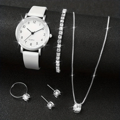 5-piece white vegan leather watch and solitaire crystal jewelry set, front view