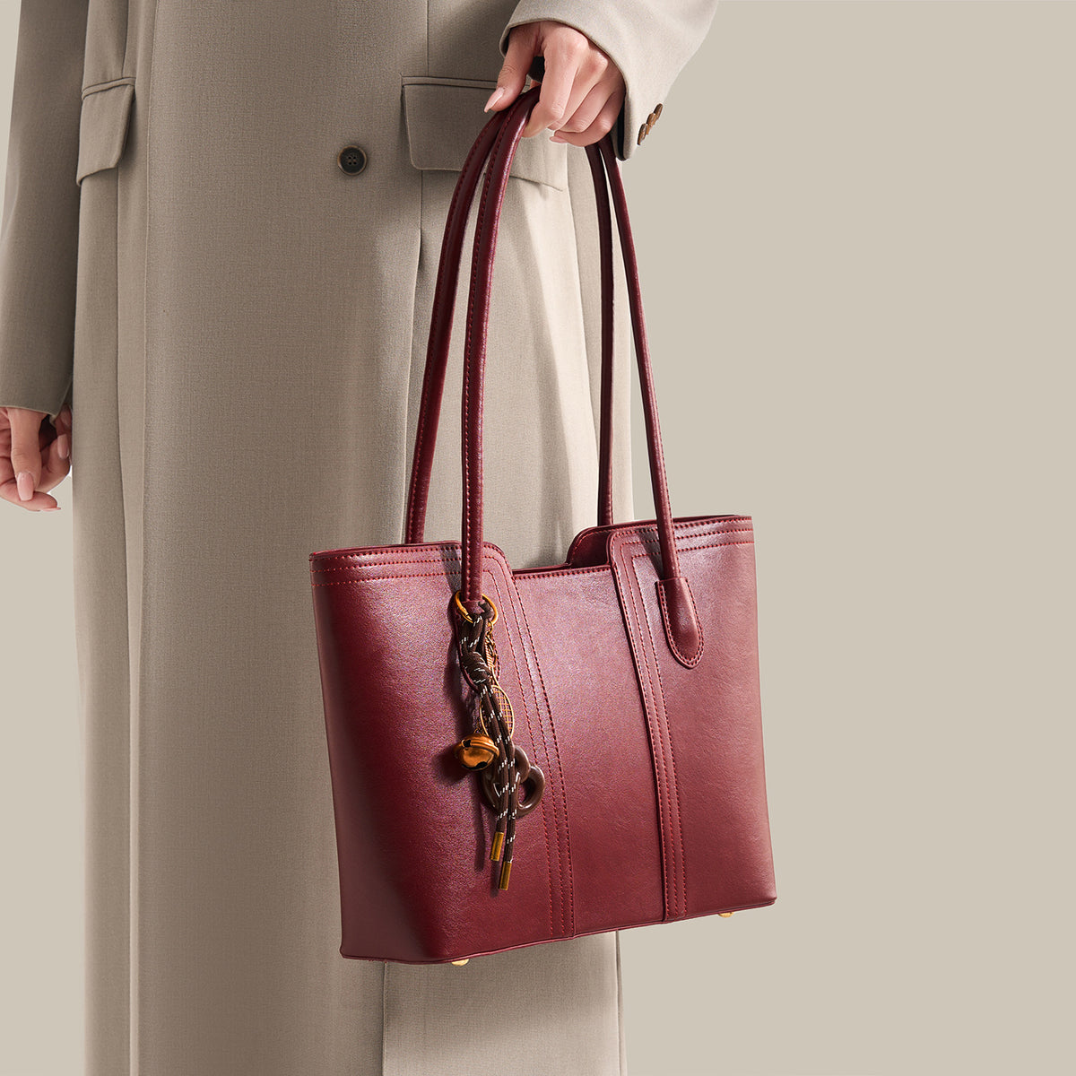 Wine red vegan leather tote bag - interior view showing spacious main compartment