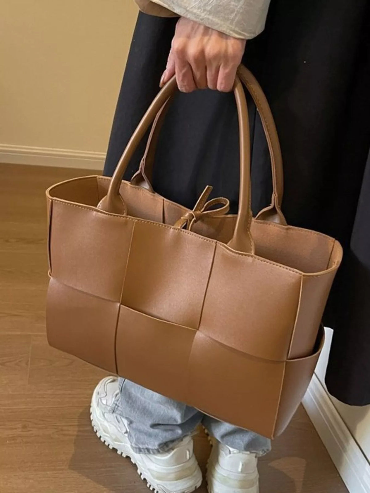 Woven tan vegan leather tote bag - front view showing basket-weave pattern