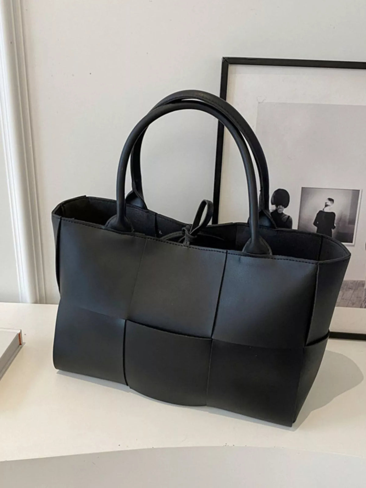 Woven vegan leather tote bag - open-top view showing spacious interior