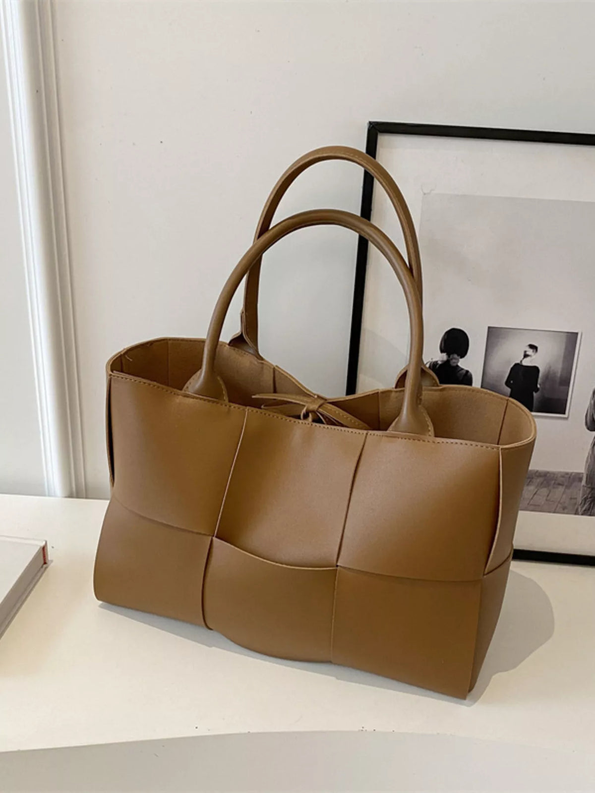Woven vegan leather tote bag - close-up of hand-woven basket-weave texture