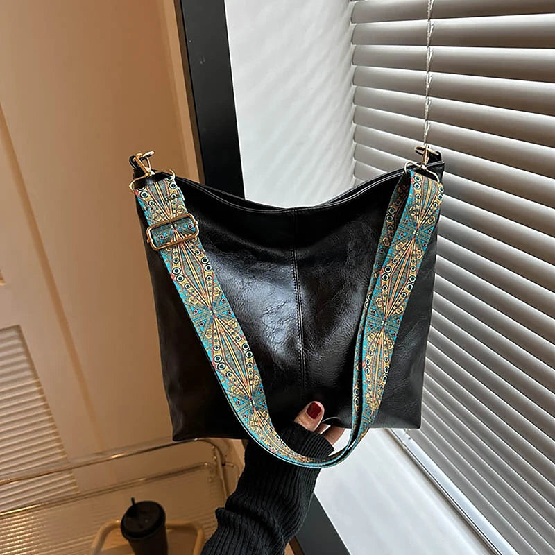 Woven-Strap Vegan Leather Boho Hobo Tote, additional product photo – Varex HQ